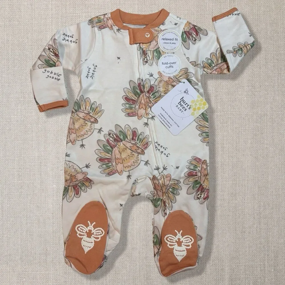 Burt’s Bees Baby Thanksgiving Turkey Organic Cotton Sleeper NWT 0-3 Footie